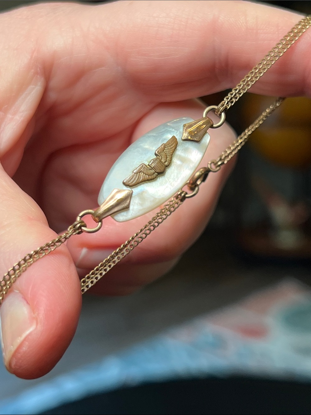 VTG WWII US Airforce Pilot Wings Gold Filled Mother of Pearl Sweetheart Bracelet